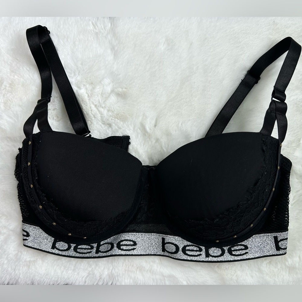 BEBE Women’s‎ Intimates Bra Black Mesh Silver Band Convertible Underwire 36C